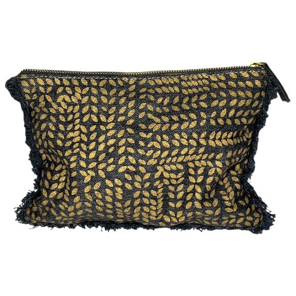 iNouiToosh Makeup Pouch Purse Metallic Leaves Gold Blue Fringe - Picture 2 of 8